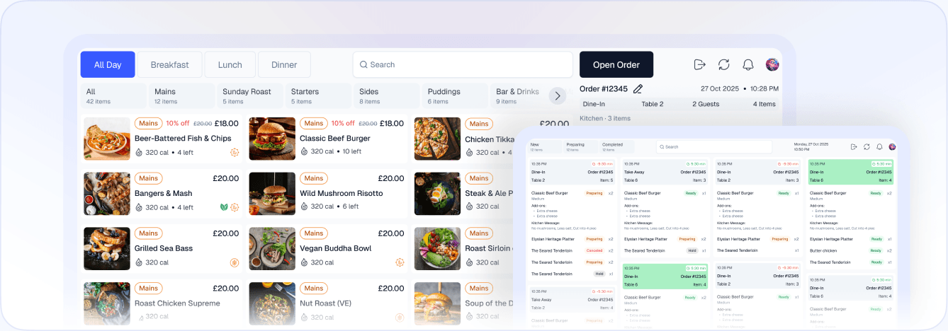 The point of sale screen, showing a product grid beside an open order
